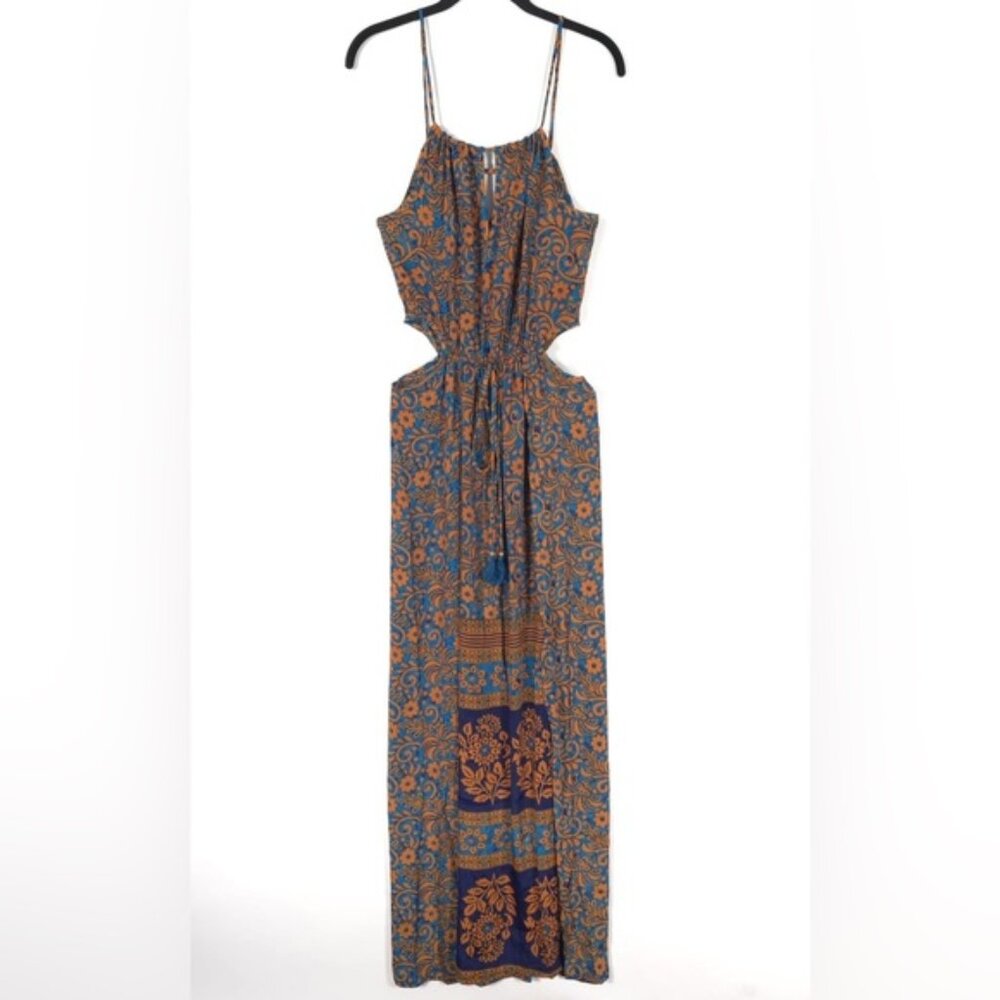Nwt Raga Maxi Dress Floral Side Cut Out Elastic Waist Tassels Straps R1743 Small